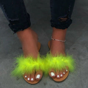 Puimentiua New Fur Women Slippers Shoes 2020 Fur Slippers Outdoor Slides Ladies Furry Beach Flip Flops Fluffy Women Shoes