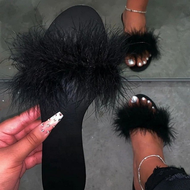 Puimentiua New Fur Women Slippers Shoes 2020 Fur Slippers Outdoor Slides Ladies Furry Beach Flip Flops Fluffy Women Shoes