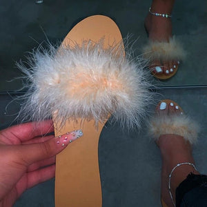 Puimentiua New Fur Women Slippers Shoes 2020 Fur Slippers Outdoor Slides Ladies Furry Beach Flip Flops Fluffy Women Shoes