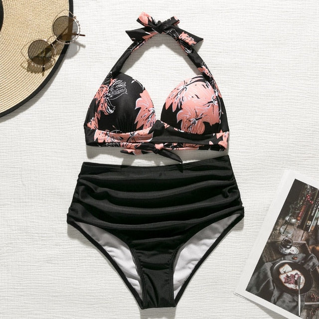 Mossha High waist bikini set Halter bathing suit woman swimsuit female Plus size bikini 2020 3XL Floral print swimwear women new