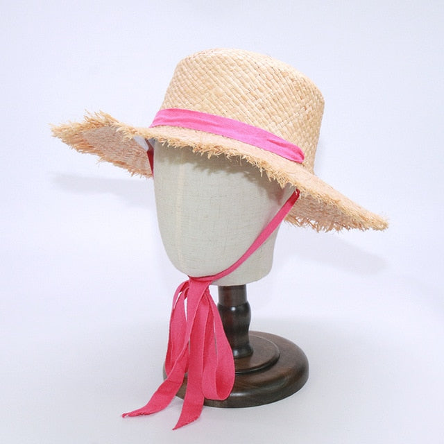 Wholesale STAR Parent-child Panama Hats For Women Wide Large Brim Beach Sun Hats With Fashion Long Belt Visor Hat Raffia Straw