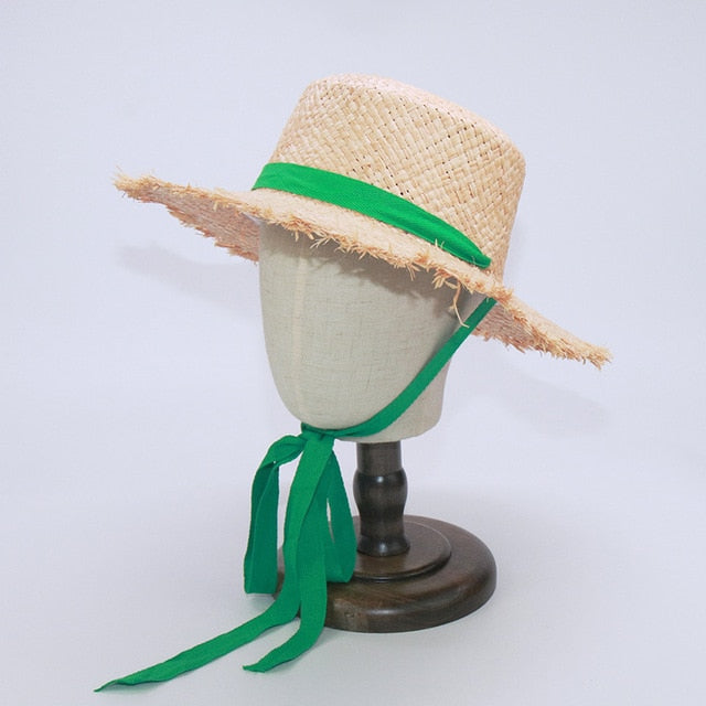Wholesale STAR Parent-child Panama Hats For Women Wide Large Brim Beach Sun Hats With Fashion Long Belt Visor Hat Raffia Straw