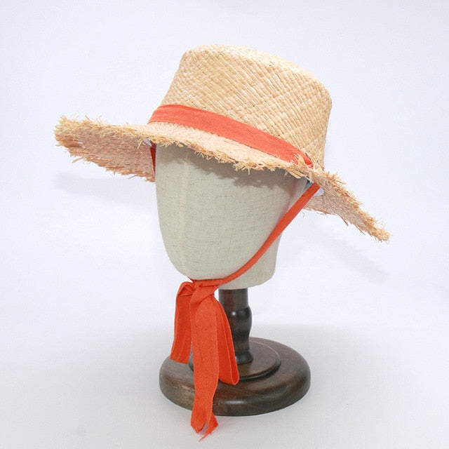 Wholesale STAR Parent-child Panama Hats For Women Wide Large Brim Beach Sun Hats With Fashion Long Belt Visor Hat Raffia Straw
