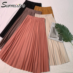 Surmiitro Elegant Solid Midi Pleated Skirt Women 2020 Autumn Winter Ladies Korean Red Black High Waist School Long Skirt Female