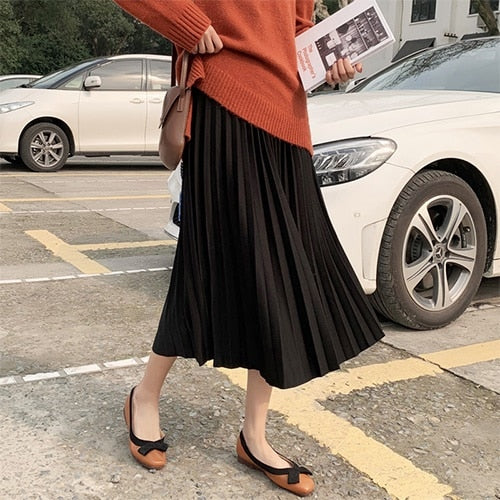 Surmiitro Elegant Solid Midi Pleated Skirt Women 2020 Autumn Winter Ladies Korean Red Black High Waist School Long Skirt Female
