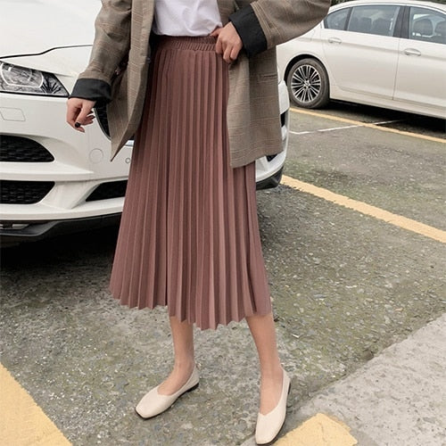 Surmiitro Elegant Solid Midi Pleated Skirt Women 2020 Autumn Winter Ladies Korean Red Black High Waist School Long Skirt Female