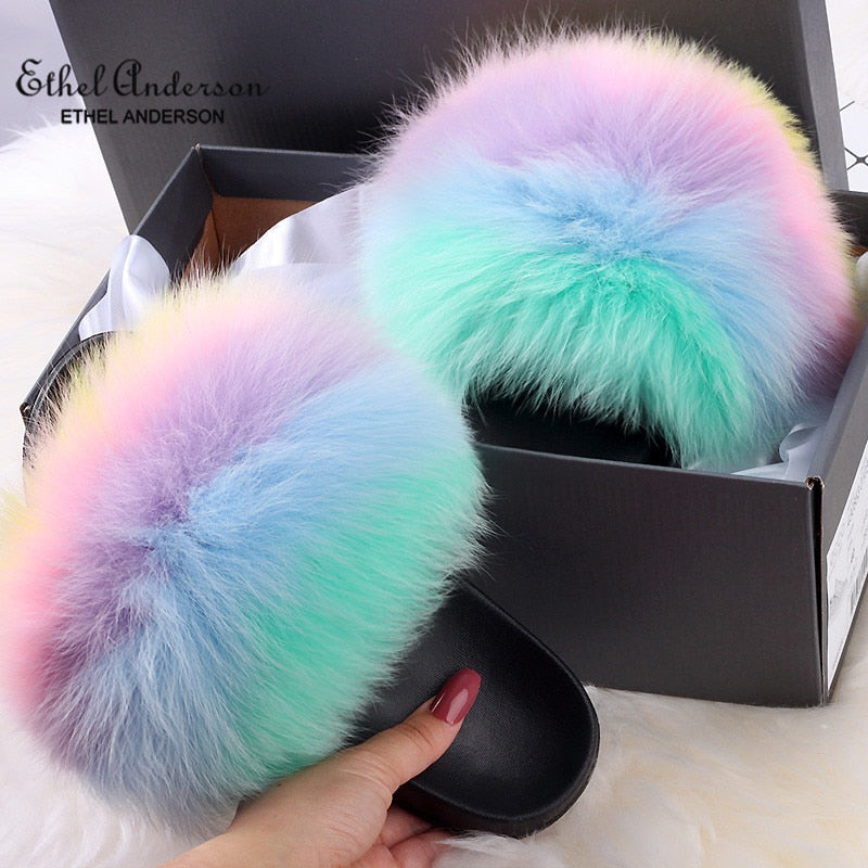 ETHEL ANERSON Real Fox Raccoon Fur Slippers Women's Fur Slides NEW Flip Flops beach plush fluffy furry designer slippers sandal
