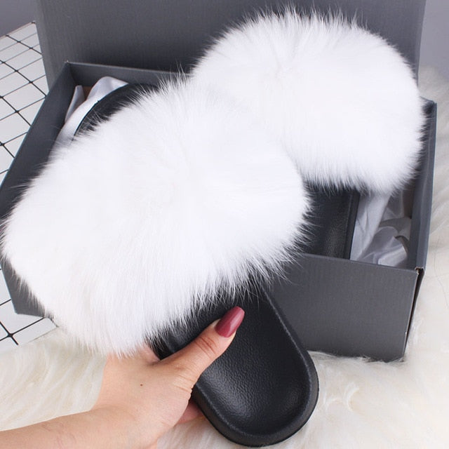 ETHEL ANERSON Real Fox Raccoon Fur Slippers Women's Fur Slides NEW Flip Flops beach plush fluffy furry designer slippers sandal