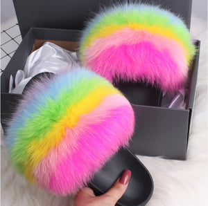 ETHEL ANERSON Real Fox Raccoon Fur Slippers Women's Fur Slides NEW Flip Flops beach plush fluffy furry designer slippers sandal