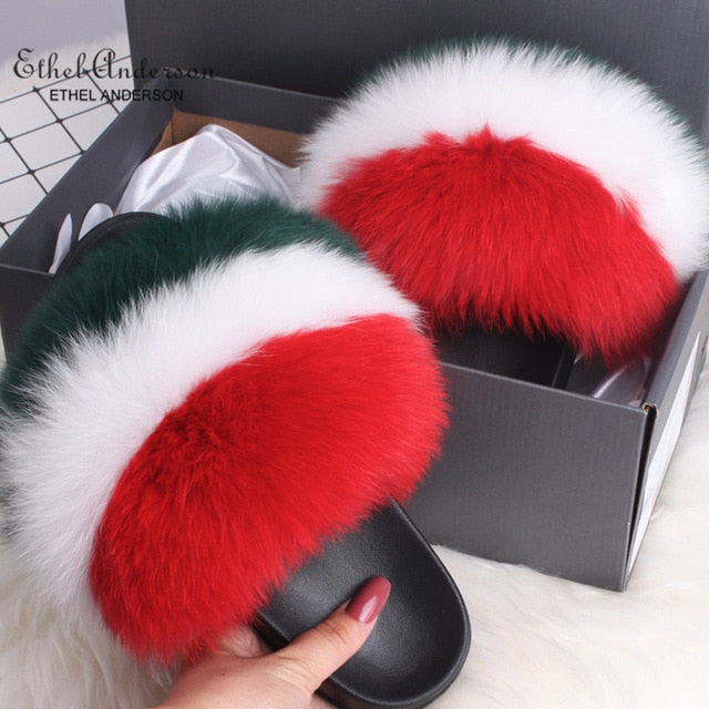 ETHEL ANERSON Real Fox Raccoon Fur Slippers Women's Fur Slides NEW Flip Flops beach plush fluffy furry designer slippers sandal