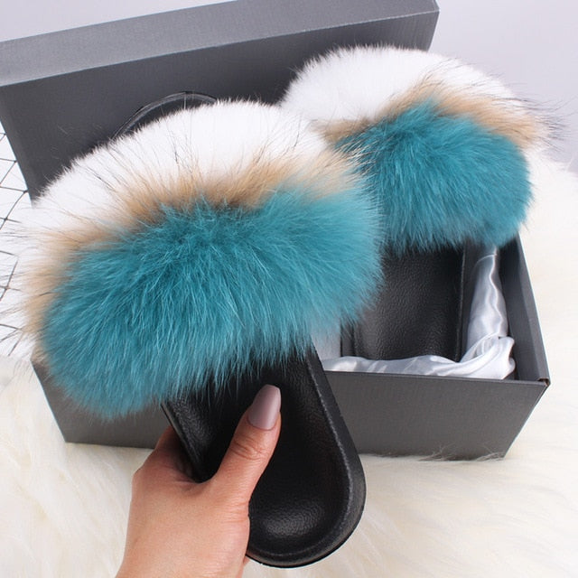 ETHEL ANERSON Real Fox Raccoon Fur Slippers Women's Fur Slides NEW Flip Flops beach plush fluffy furry designer slippers sandal