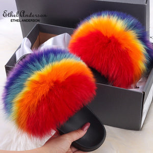 ETHEL ANERSON Real Fox Raccoon Fur Slippers Women's Fur Slides NEW Flip Flops beach plush fluffy furry designer slippers sandal