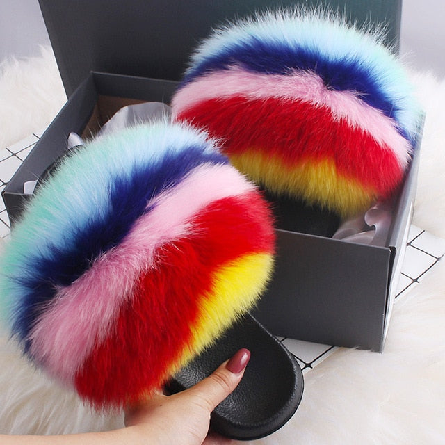 ETHEL ANERSON Real Fox Raccoon Fur Slippers Women's Fur Slides NEW Flip Flops beach plush fluffy furry designer slippers sandal