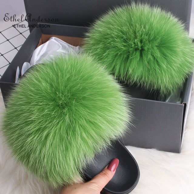 ETHEL ANERSON Real Fox Raccoon Fur Slippers Women's Fur Slides NEW Flip Flops beach plush fluffy furry designer slippers sandal