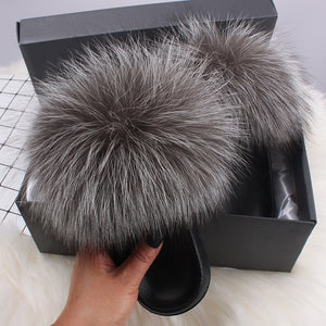 ETHEL ANERSON Real Fox Raccoon Fur Slippers Women's Fur Slides NEW Flip Flops beach plush fluffy furry designer slippers sandal