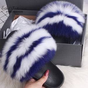 ETHEL ANERSON Real Fox Raccoon Fur Slippers Women's Fur Slides NEW Flip Flops beach plush fluffy furry designer slippers sandal
