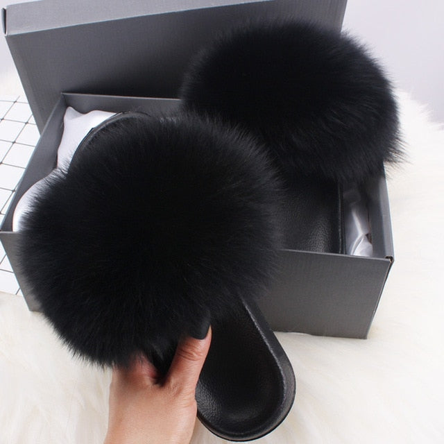 ETHEL ANERSON Real Fox Raccoon Fur Slippers Women's Fur Slides NEW Flip Flops beach plush fluffy furry designer slippers sandal