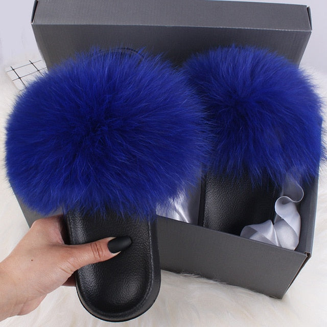 ETHEL ANERSON Real Fox Raccoon Fur Slippers Women's Fur Slides NEW Flip Flops beach plush fluffy furry designer slippers sandal