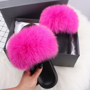 ETHEL ANERSON Real Fox Raccoon Fur Slippers Women's Fur Slides NEW Flip Flops beach plush fluffy furry designer slippers sandal
