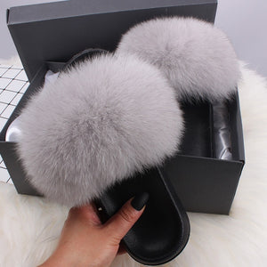 ETHEL ANERSON Real Fox Raccoon Fur Slippers Women's Fur Slides NEW Flip Flops beach plush fluffy furry designer slippers sandal