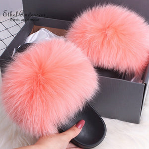 ETHEL ANERSON Real Fox Raccoon Fur Slippers Women's Fur Slides NEW Flip Flops beach plush fluffy furry designer slippers sandal