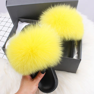 ETHEL ANERSON Real Fox Raccoon Fur Slippers Women's Fur Slides NEW Flip Flops beach plush fluffy furry designer slippers sandal
