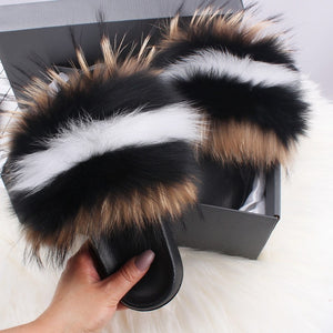 ETHEL ANERSON Real Fox Raccoon Fur Slippers Women's Fur Slides NEW Flip Flops beach plush fluffy furry designer slippers sandal
