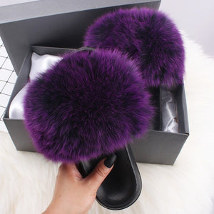 ETHEL ANERSON Real Fox Raccoon Fur Slippers Women's Fur Slides NEW Flip Flops beach plush fluffy furry designer slippers sandal