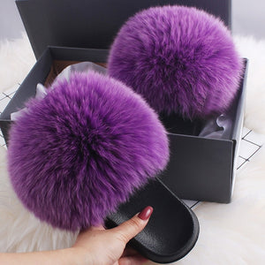 ETHEL ANERSON Real Fox Raccoon Fur Slippers Women's Fur Slides NEW Flip Flops beach plush fluffy furry designer slippers sandal