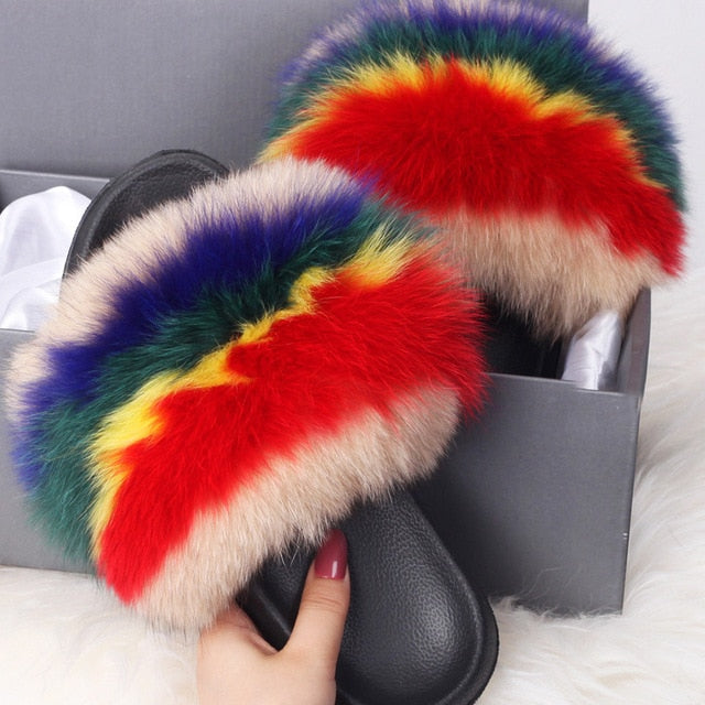 ETHEL ANERSON Real Fox Raccoon Fur Slippers Women's Fur Slides NEW Flip Flops beach plush fluffy furry designer slippers sandal