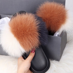 ETHEL ANERSON Real Fox Raccoon Fur Slippers Women's Fur Slides NEW Flip Flops beach plush fluffy furry designer slippers sandal