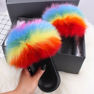 ETHEL ANERSON Real Fox Raccoon Fur Slippers Women's Fur Slides NEW Flip Flops beach plush fluffy furry designer slippers sandal