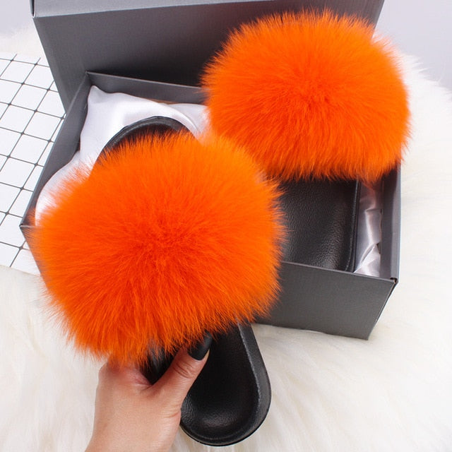 ETHEL ANERSON Real Fox Raccoon Fur Slippers Women's Fur Slides NEW Flip Flops beach plush fluffy furry designer slippers sandal
