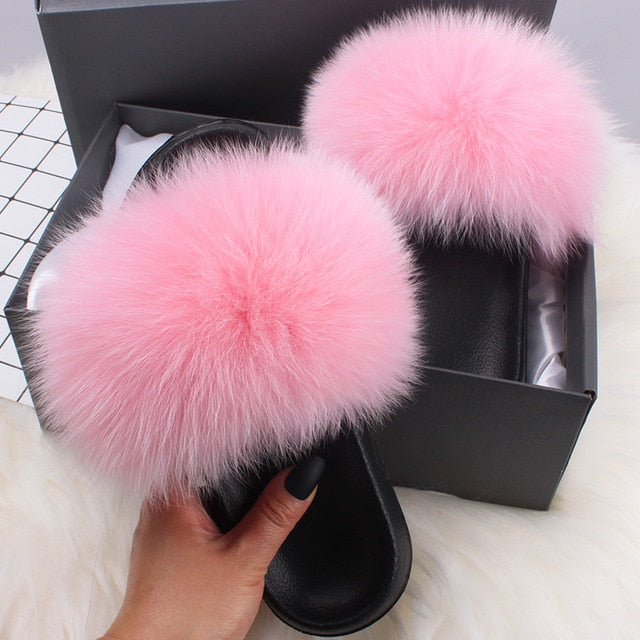 ETHEL ANERSON Real Fox Raccoon Fur Slippers Women's Fur Slides NEW Flip Flops beach plush fluffy furry designer slippers sandal