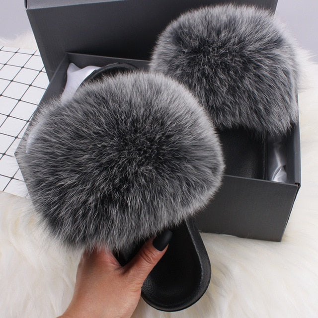 ETHEL ANERSON Real Fox Raccoon Fur Slippers Women's Fur Slides NEW Flip Flops beach plush fluffy furry designer slippers sandal