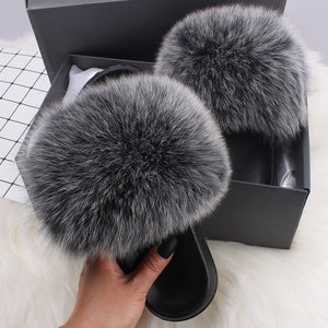 ETHEL ANERSON Real Fox Raccoon Fur Slippers Women's Fur Slides NEW Flip Flops beach plush fluffy furry designer slippers sandal