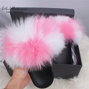 ETHEL ANERSON Real Fox Raccoon Fur Slippers Women's Fur Slides NEW Flip Flops beach plush fluffy furry designer slippers sandal
