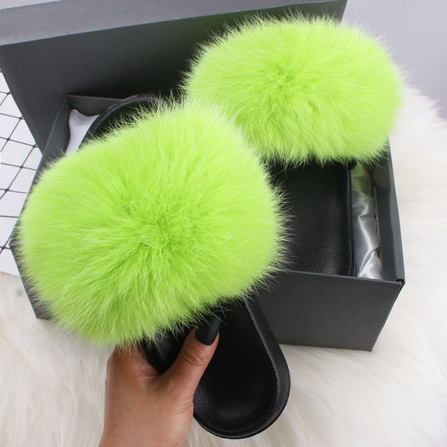 ETHEL ANERSON Real Fox Raccoon Fur Slippers Women's Fur Slides NEW Flip Flops beach plush fluffy furry designer slippers sandal