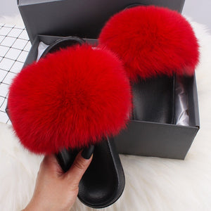 ETHEL ANERSON Real Fox Raccoon Fur Slippers Women's Fur Slides NEW Flip Flops beach plush fluffy furry designer slippers sandal
