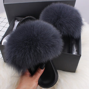 ETHEL ANERSON Real Fox Raccoon Fur Slippers Women's Fur Slides NEW Flip Flops beach plush fluffy furry designer slippers sandal