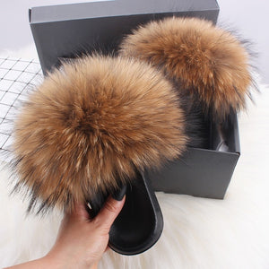 ETHEL ANERSON Real Fox Raccoon Fur Slippers Women's Fur Slides NEW Flip Flops beach plush fluffy furry designer slippers sandal