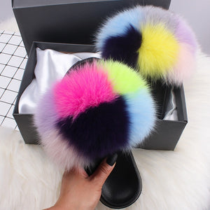 ETHEL ANERSON Real Fox Raccoon Fur Slippers Women's Fur Slides NEW Flip Flops beach plush fluffy furry designer slippers sandal