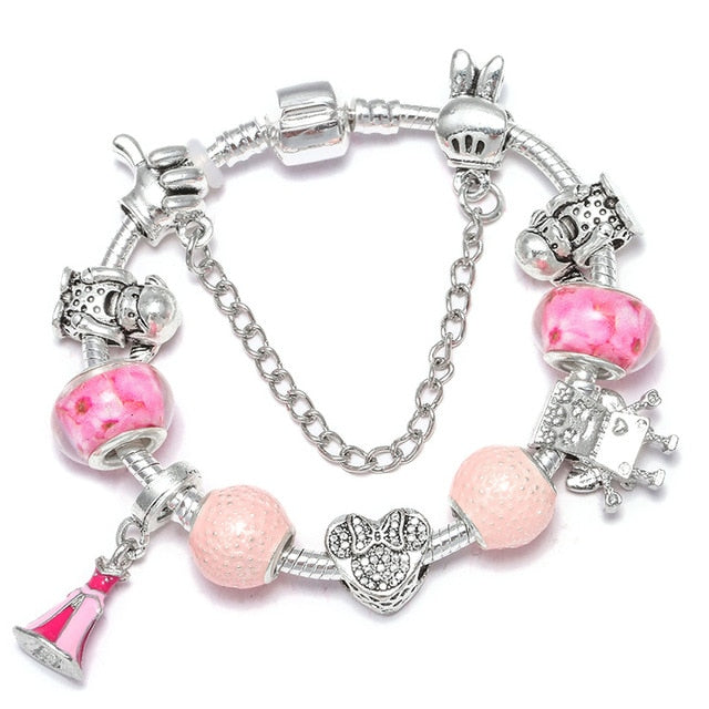 Cartoon Mickey Minnie Beads Charm Bracelet Withsilver plated Chain Fine Bracelet & Bangle For Women Kids Jewelry Dropshipping