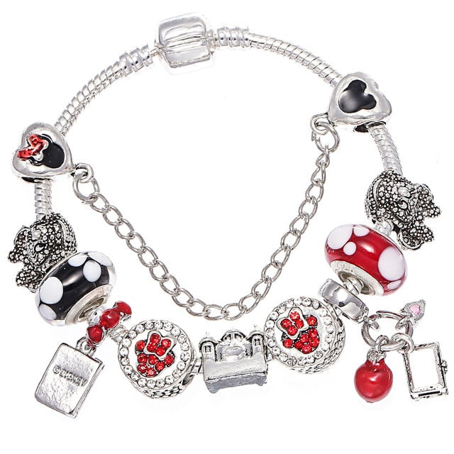 Cartoon Mickey Minnie Beads Charm Bracelet Withsilver plated Chain Fine Bracelet & Bangle For Women Kids Jewelry Dropshipping