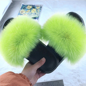 2020 Women Furry Slippers Ladies Shoes Cute Plush Fox Hair Fluffy Sandals Women's Fur Slippers Winter Warm Slippers Women Hot
