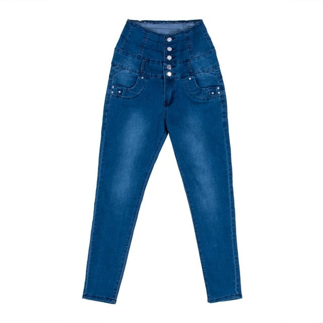 Women Stretchy Denim Trousers Slim Fitted Casual Black Blue Skinny High Waist Buttons High Street Jeans Streetwear Pants