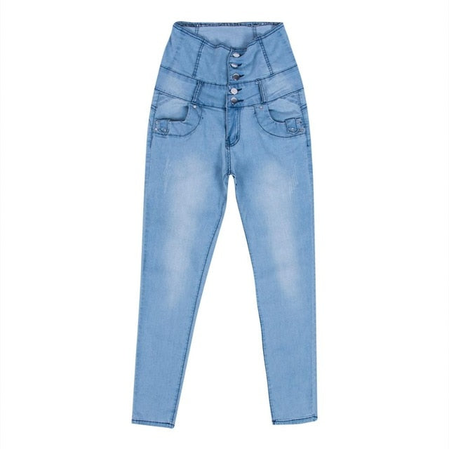 Women Stretchy Denim Trousers Slim Fitted Casual Black Blue Skinny High Waist Buttons High Street Jeans Streetwear Pants