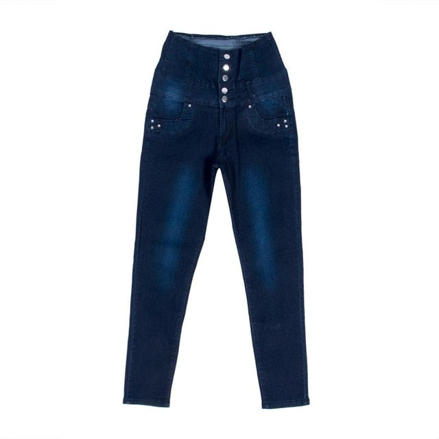 Women Stretchy Denim Trousers Slim Fitted Casual Black Blue Skinny High Waist Buttons High Street Jeans Streetwear Pants