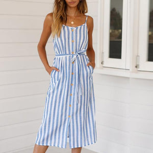 ZITY Women Dress 2020 Sleeveless Striped Summer Beach Dress Spaghetti Strap Midi Dress Casual O -Neck Sashes Pocket Dres