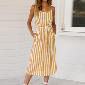 ZITY Women Dress 2020 Sleeveless Striped Summer Beach Dress Spaghetti Strap Midi Dress Casual O -Neck Sashes Pocket Dres